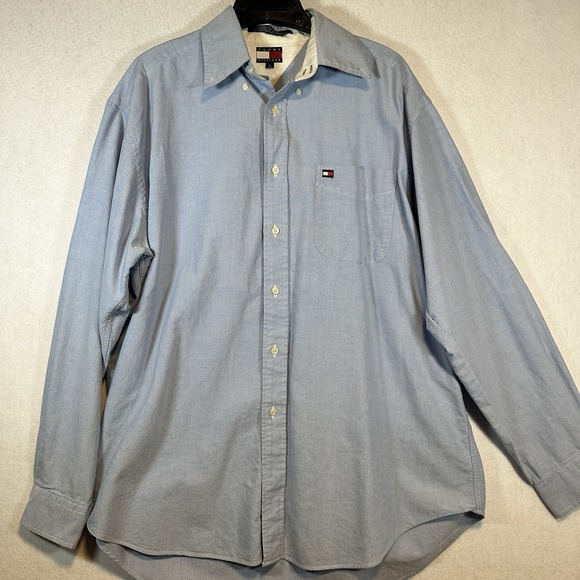Tommy Hilfiger Mens Long Sleeve Light Blue Chambray ButtonUp Shirt Lg with Stain - Picture 1 of 6